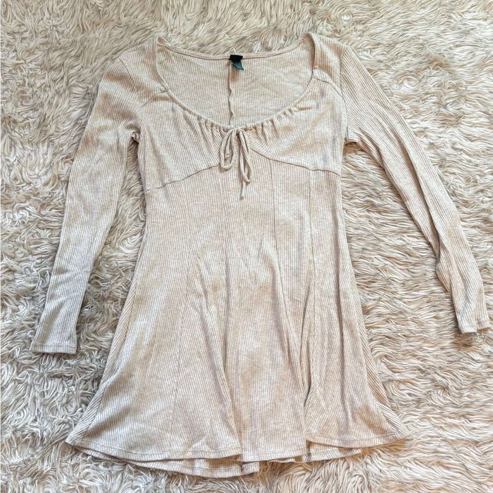 wild fable Cream Ribbed Scoop Tie Long Sleeve Top